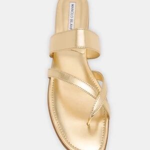 Gold Manol Blahnik Nappa Leather Flat Sandals 39.5 Never Worn
